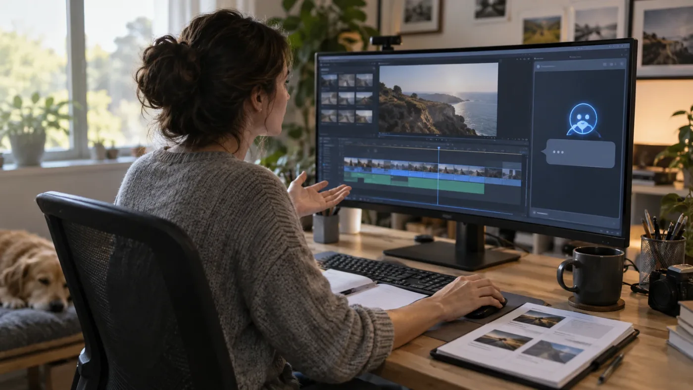 Illustration of a learner combining official training with screen guidance in DaVinci Resolve
