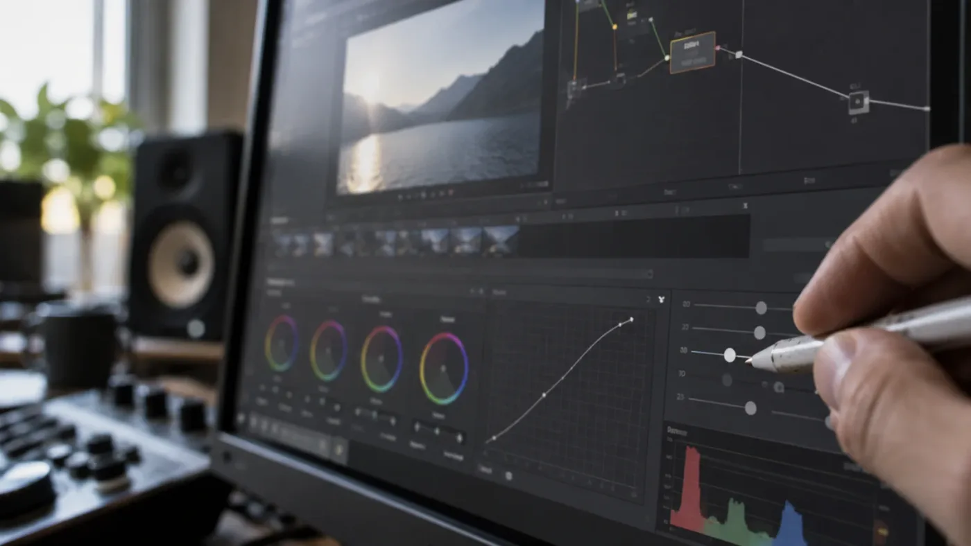 Illustration of a screen assistant pointing at a DaVinci Resolve control