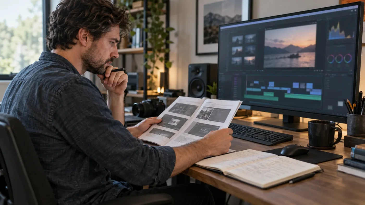 Illustration of a learner comparing DaVinci Resolve versions and interface layouts