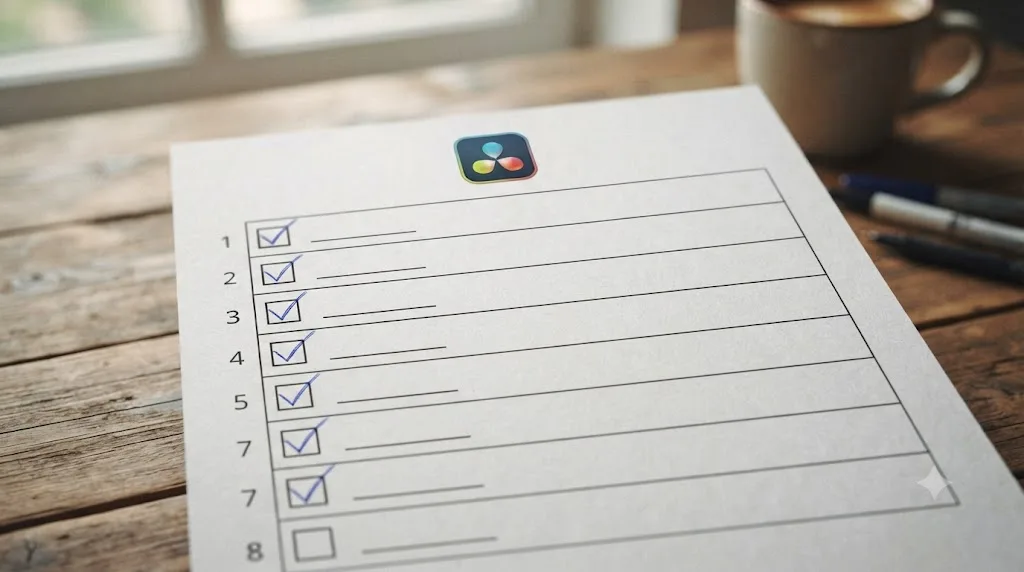 Illustration of an eight-week calendar checklist tracking free DaVinci Resolve learning milestones