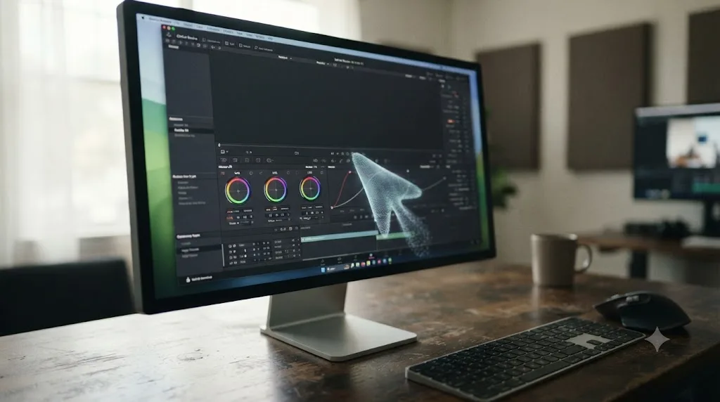 Illustration of an on-screen AI assistant pointing at a control inside a DaVinci Resolve window