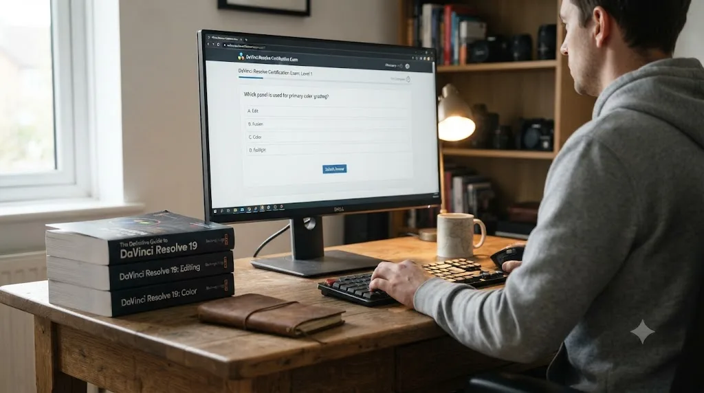 Illustration of free DaVinci Resolve training books next to a certification exam screen