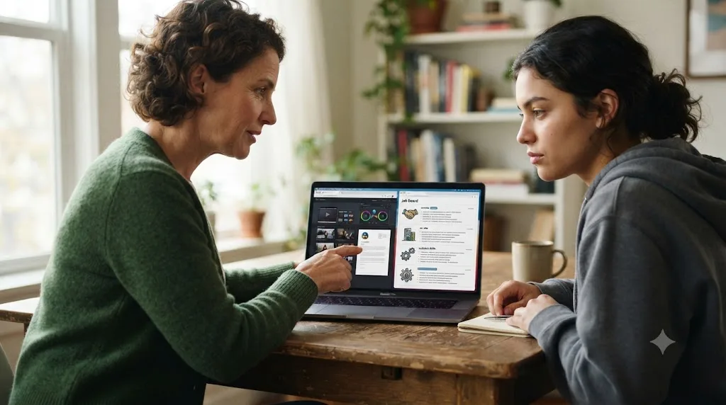Illustration of a career coach reviewing a student's video editing portfolio and job board listings