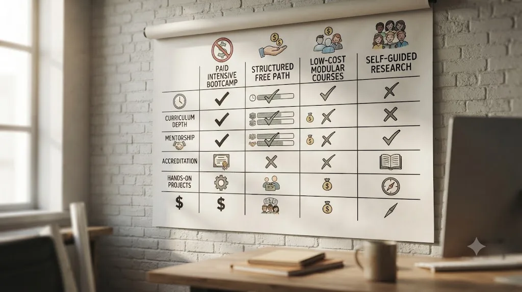 Illustration of a wall chart comparing a paid bootcamp against free and low-cost DaVinci Resolve alternatives