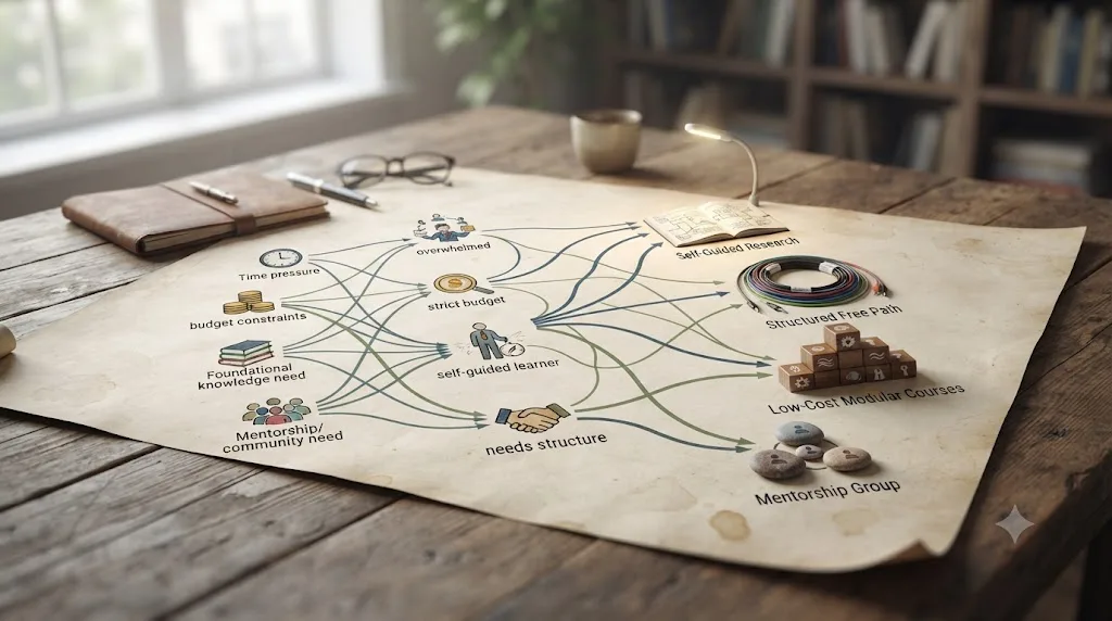 Illustration of a decision map matching learning situations to different DaVinci Resolve learning alternatives