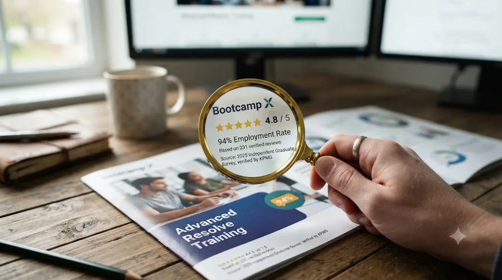 Illustration of a magnifying glass checking the source behind a bootcamp's advertised rating and employment statistic