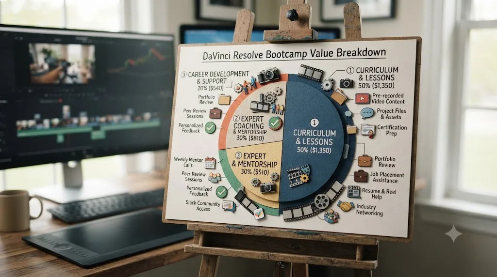 Illustration of a cost breakdown chart for a DaVinci Resolve bootcamp fee