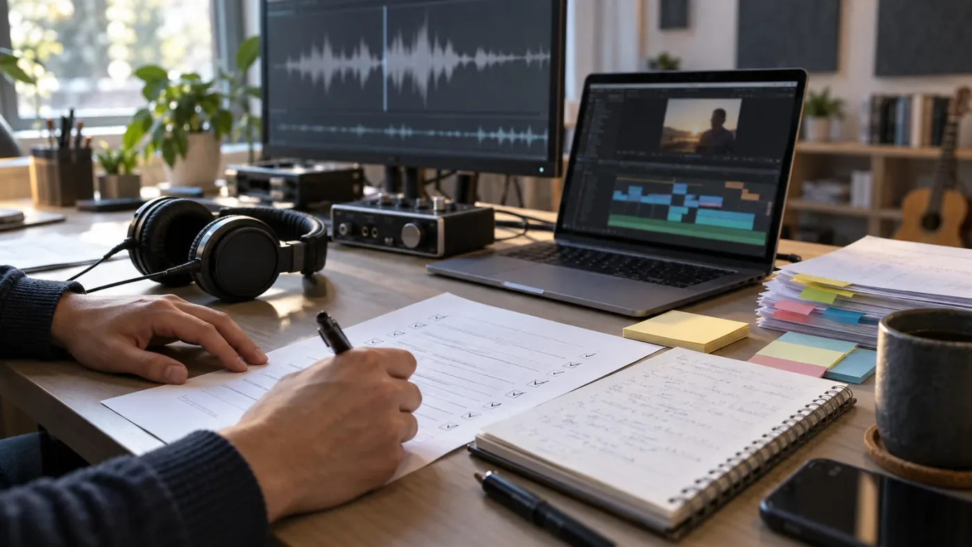 Illustration of an AI voiceover production checklist for client video editing