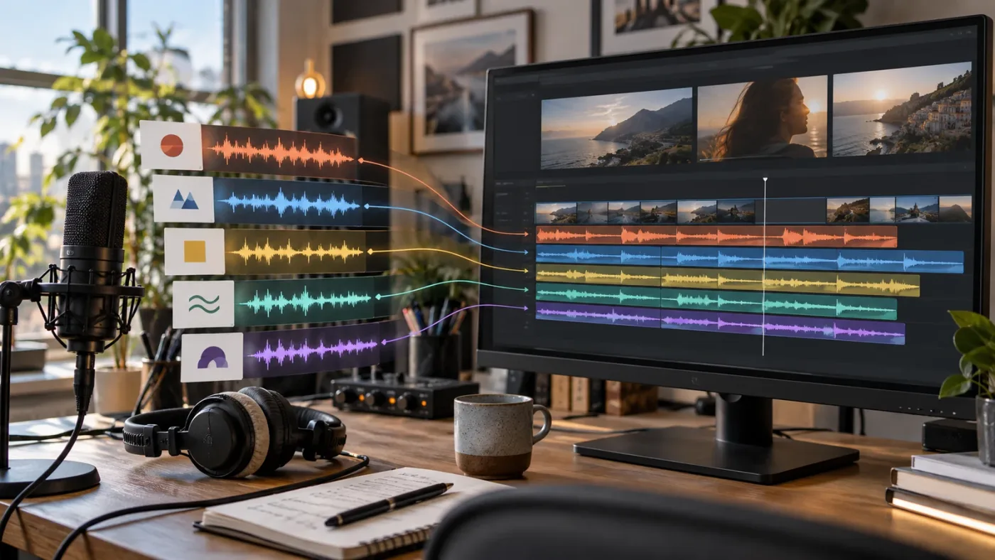 Illustration of multilingual AI voiceover files organized for a DaVinci Resolve 21 edit