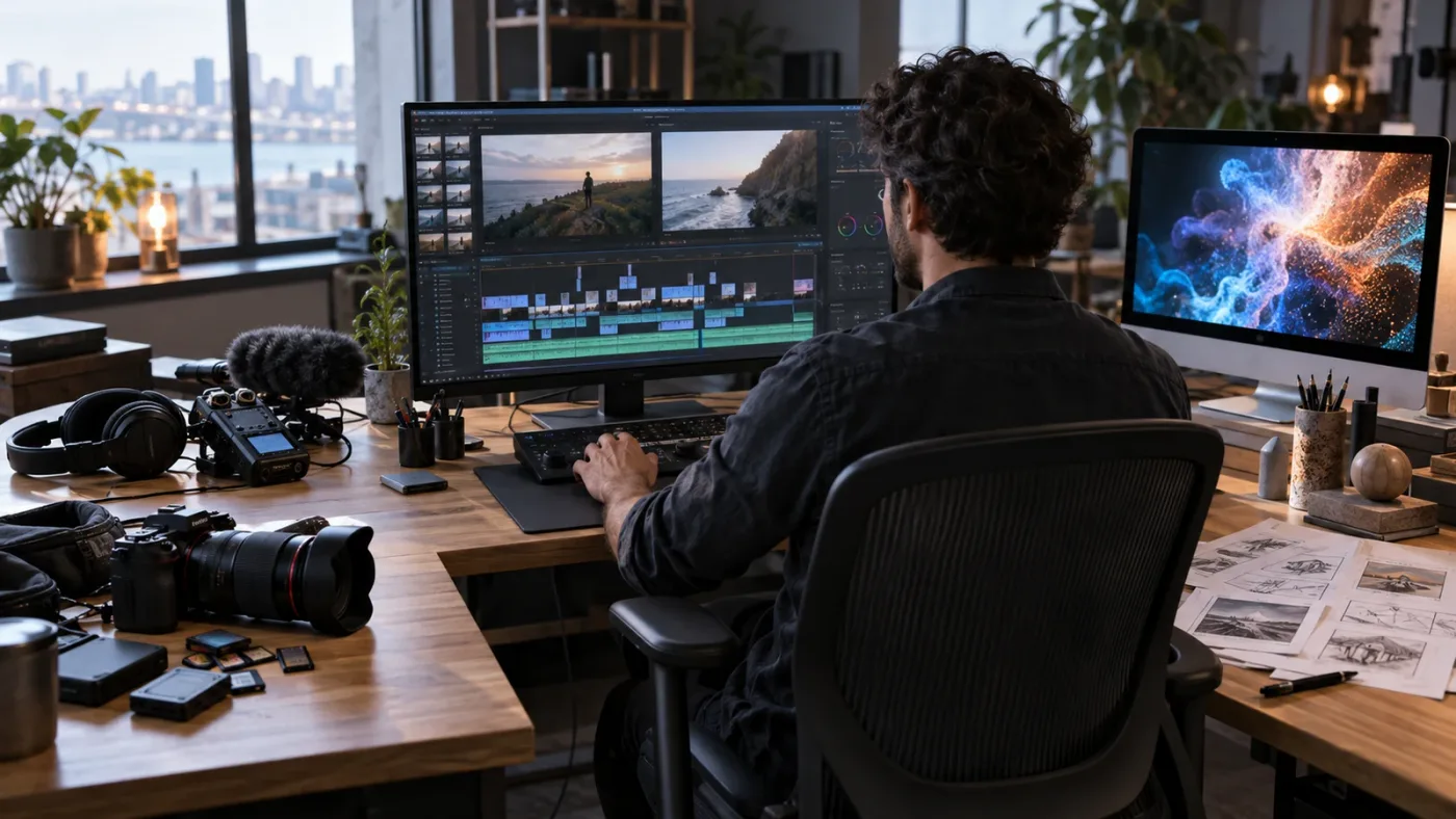 Illustration of four Artlist asset categories feeding a DaVinci Resolve 21 project