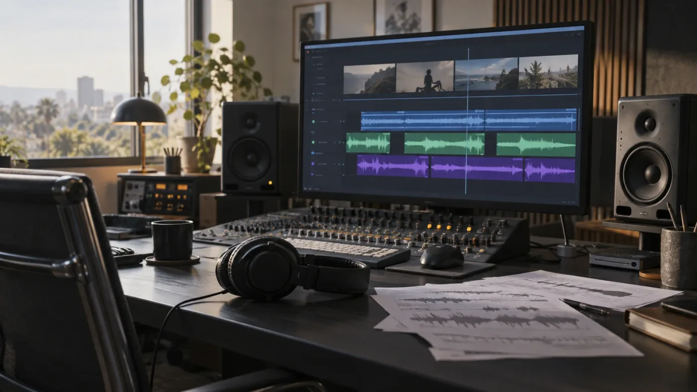 Illustration of an audio-first DaVinci Resolve Studio workflow with music stems and sound effects