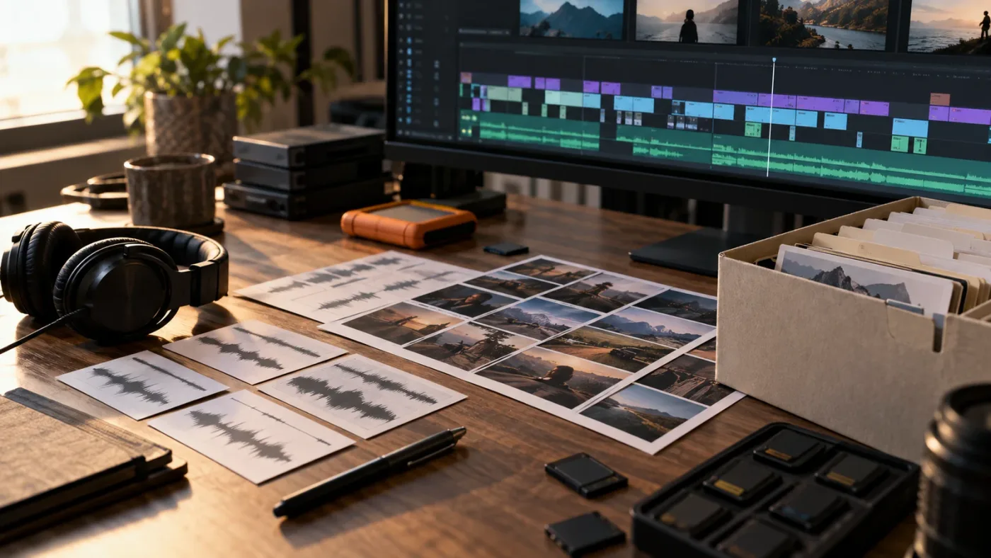 Illustration of downloaded Artlist assets organized for a DaVinci Resolve 21 timeline