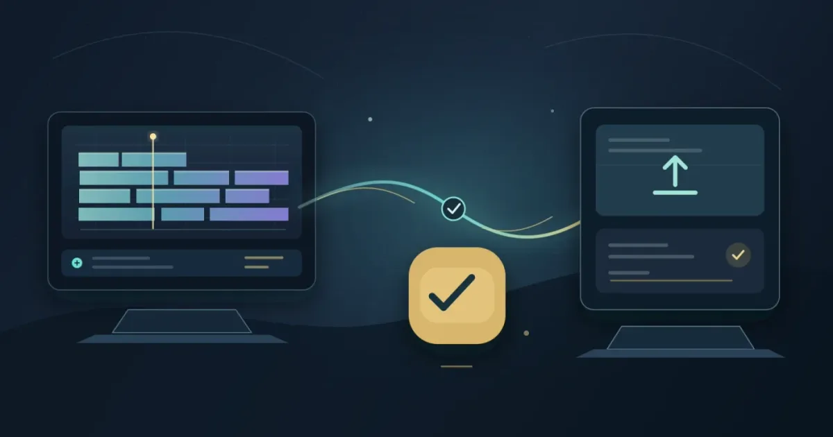Illustration of a DaVinci Resolve 21 project moving toward a cleared YouTube upload