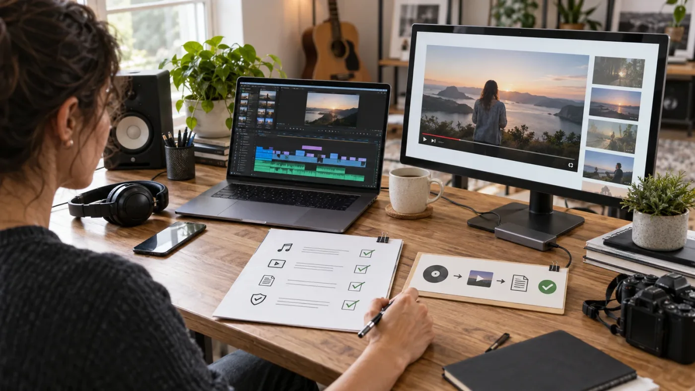 Illustration of a freelance video editor connecting licensed music to a client YouTube publication