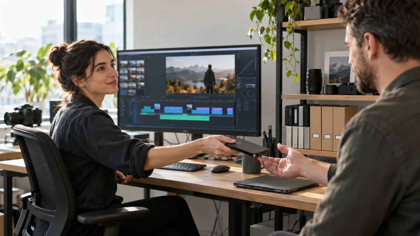 Illustration of a freelance editor delivering a finished client video while tracking asset rights