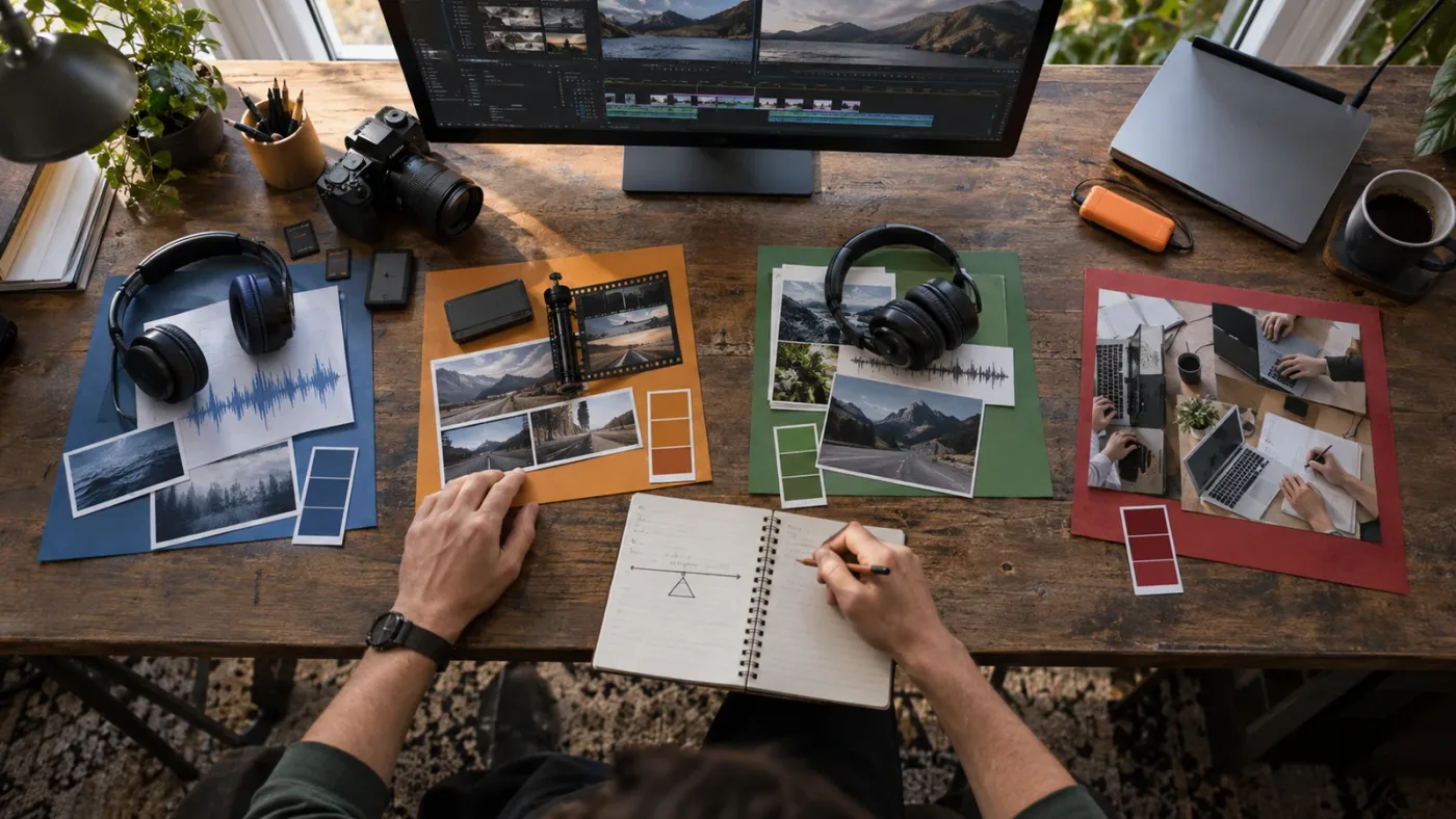 Illustration of a freelance video editor choosing an asset subscription by client use and project type