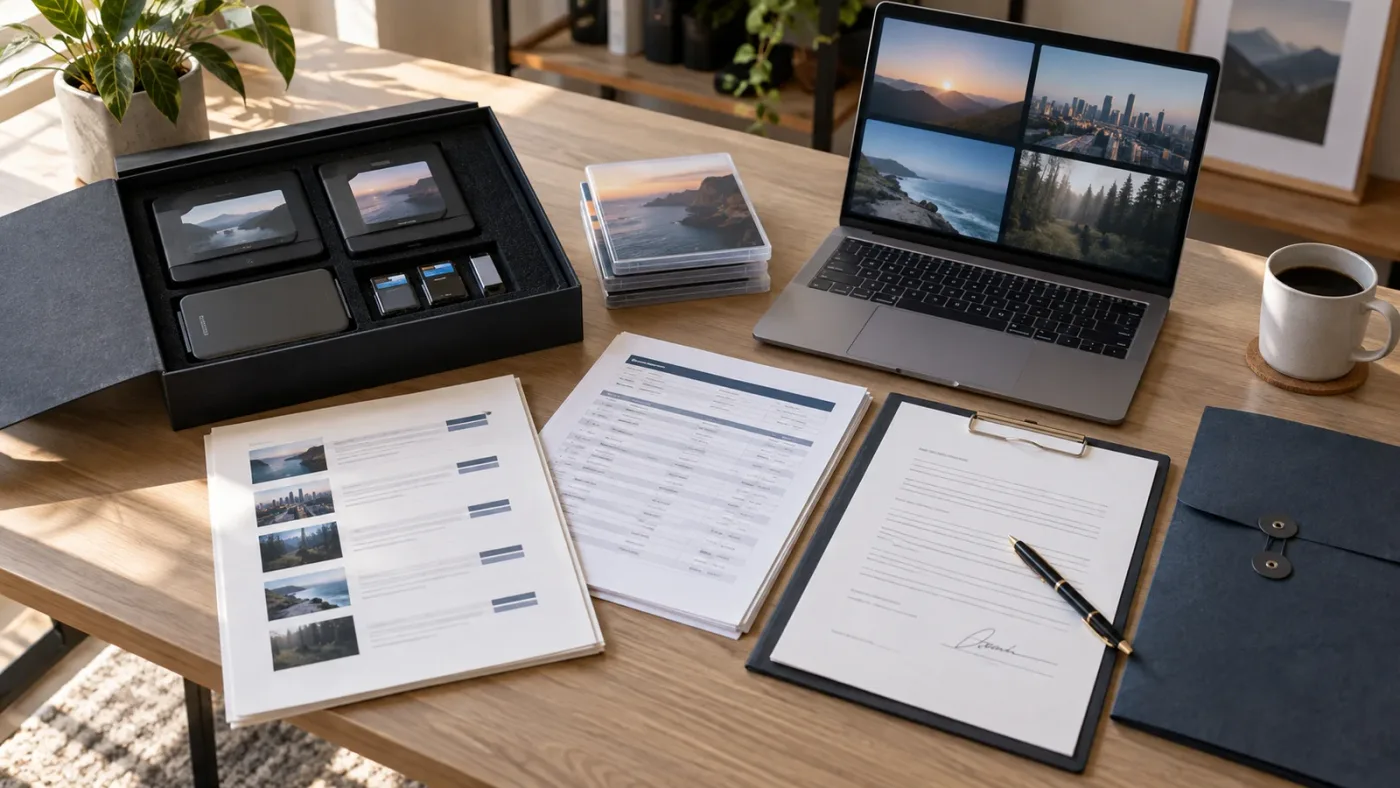Illustration of a completed client video delivery packet with rights documentation