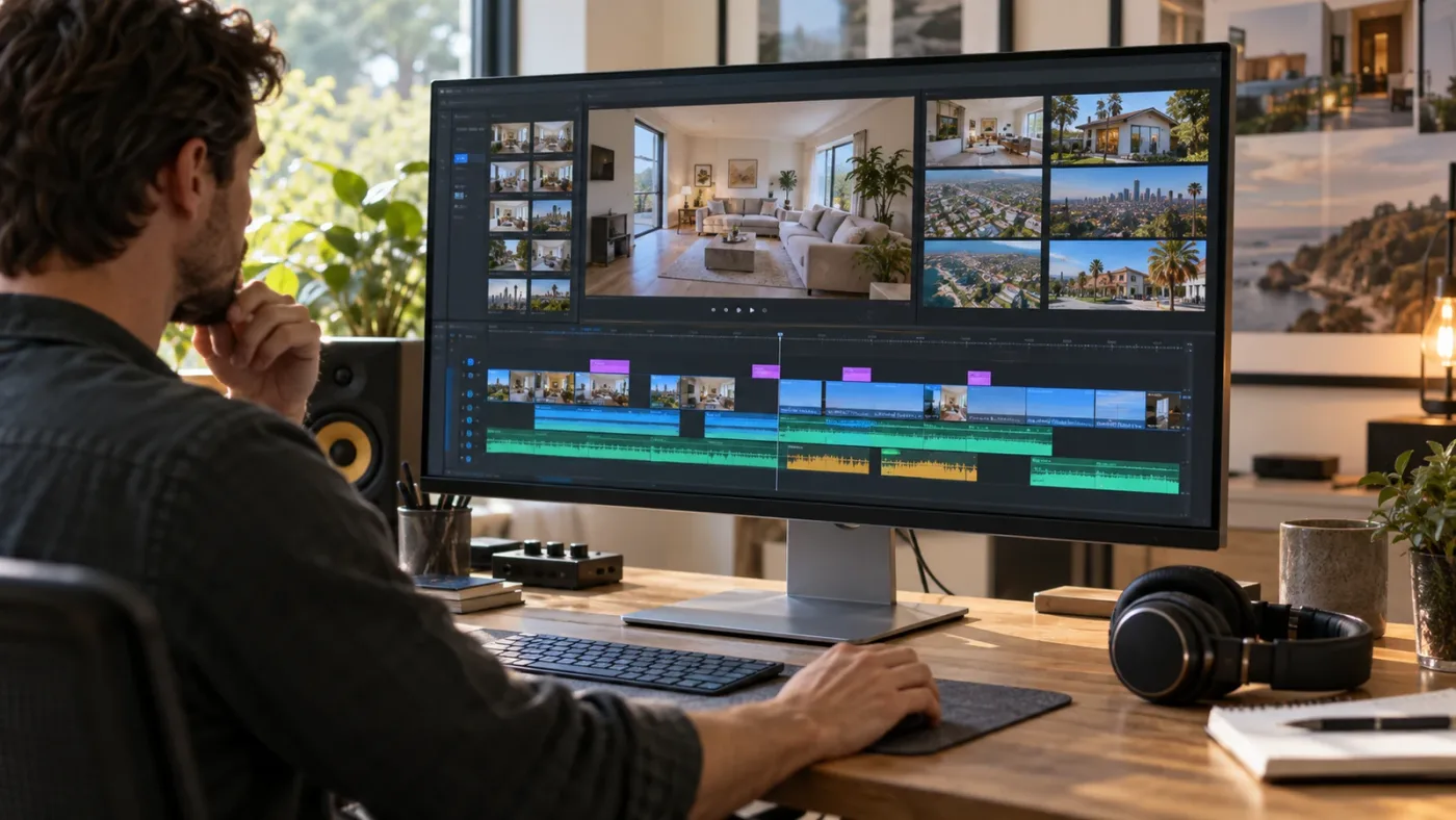 Illustration of a property walkthrough edit with licensed video assets