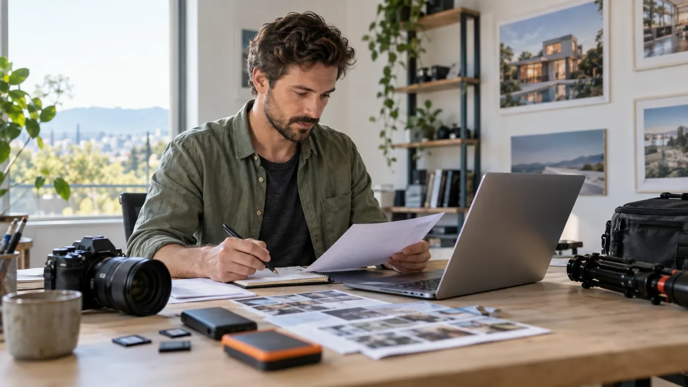 Illustration of a real estate video creator checking licensing records before delivery