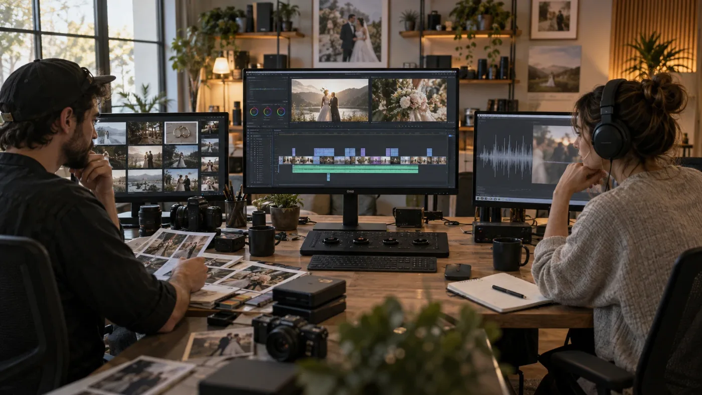 Illustration of wedding filmmakers comparing Artlist with audio-first and footage-led alternatives