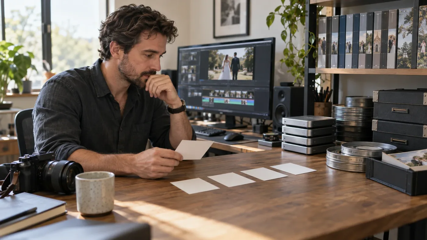 Illustration of a wedding filmmaker checking music and video asset license coverage