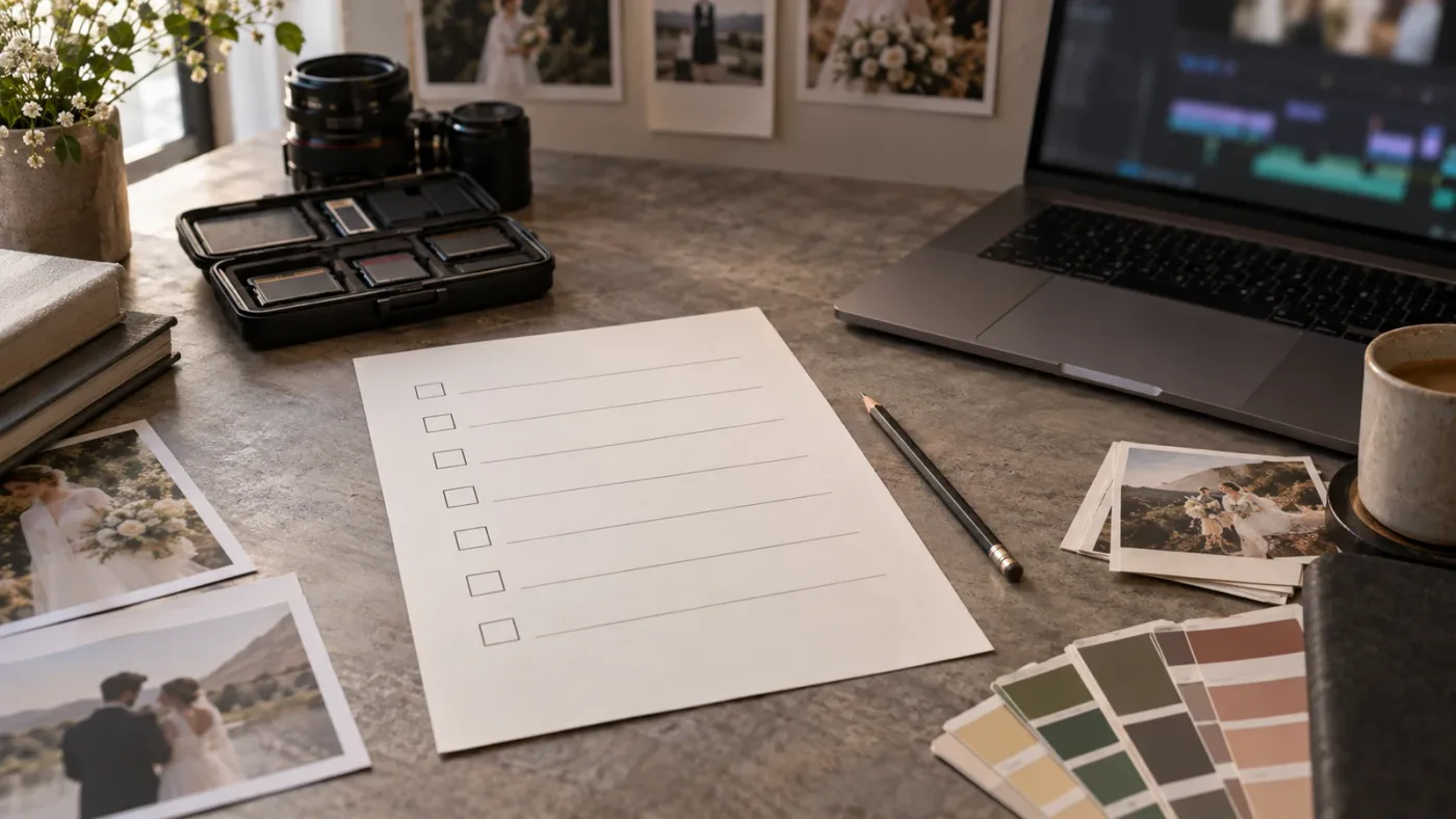Illustration of a wedding filmmaker checking an asset subscription before purchase