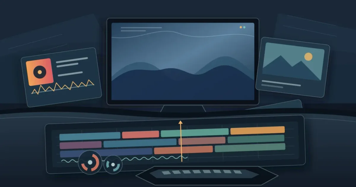 Illustration of a DaVinci Resolve editor choosing production assets