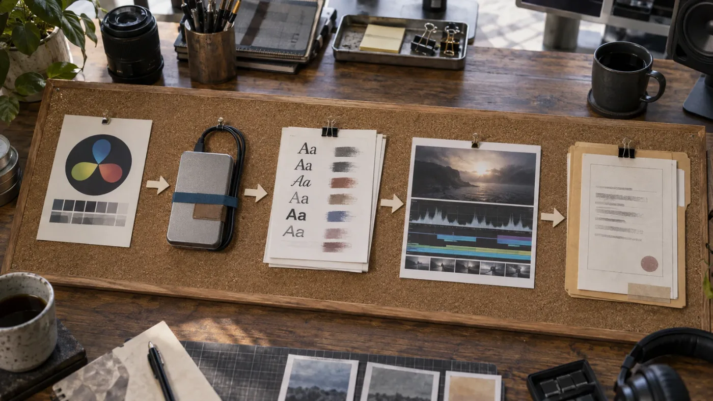 Illustration of a DaVinci Resolve template handoff with font and license records