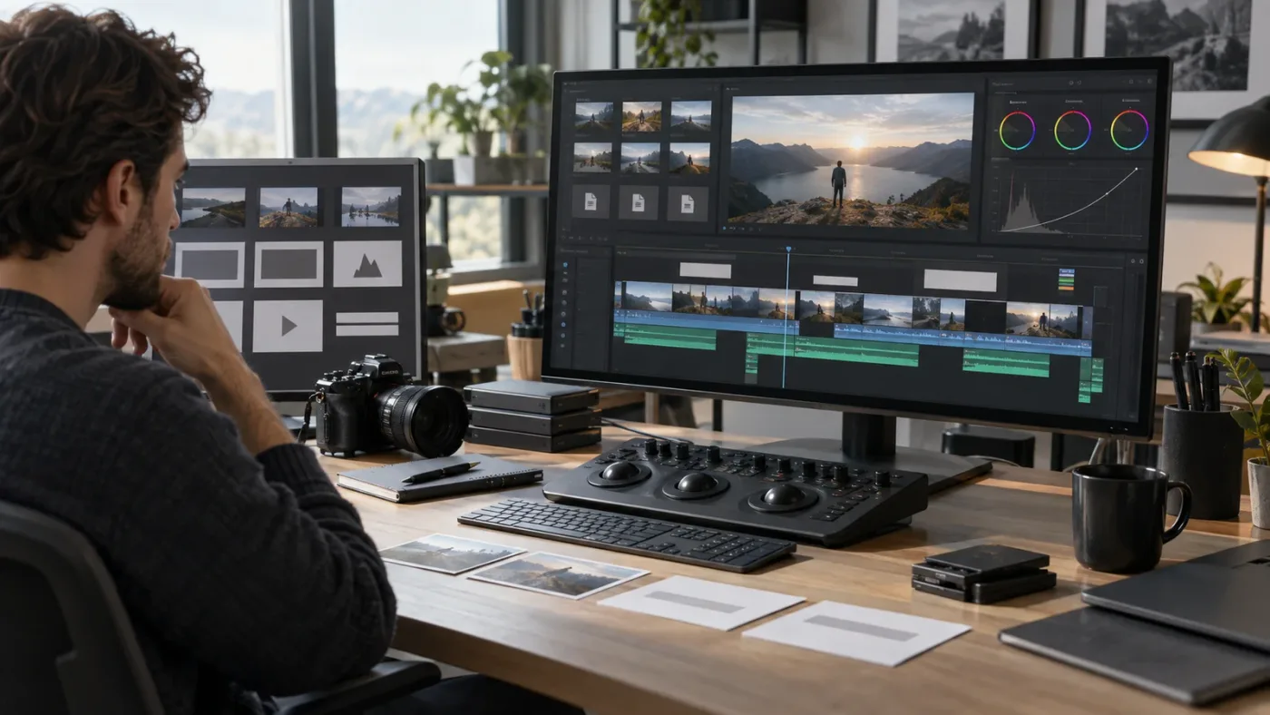 Illustration of customizing media, text, and color in a Resolve template