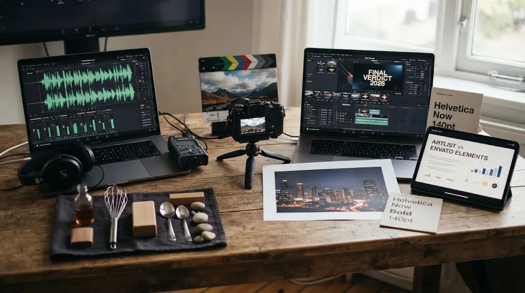 Illustration of production and design asset categories in Artlist and Envato Elements