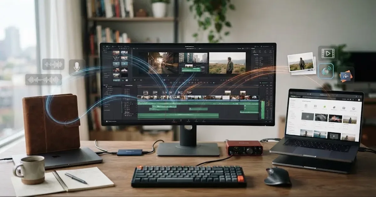 Illustration of Artlist and Envato Elements assets flowing into a DaVinci Resolve project