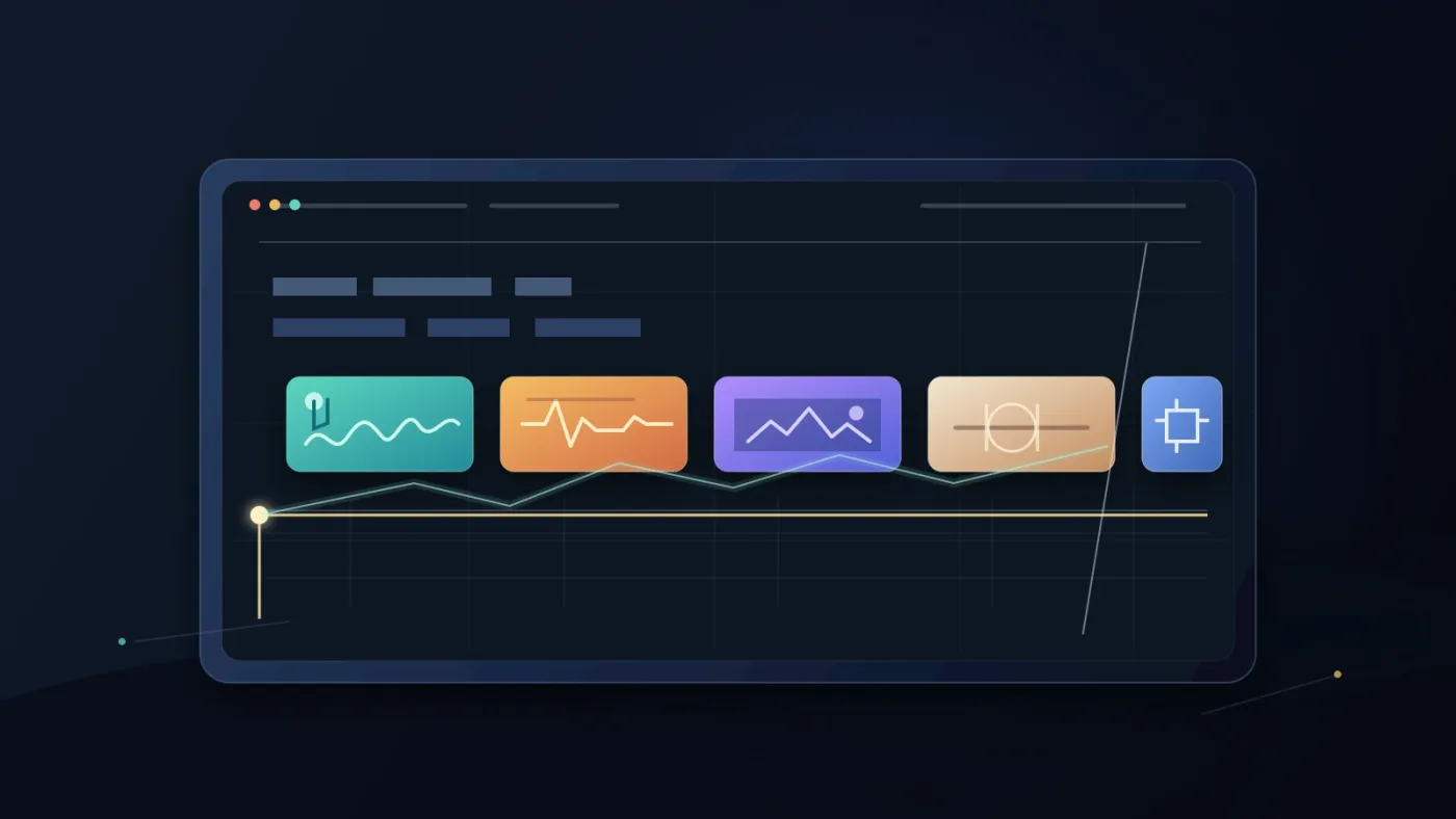 Illustration of music sound effects footage and templates arranged for DaVinci Resolve