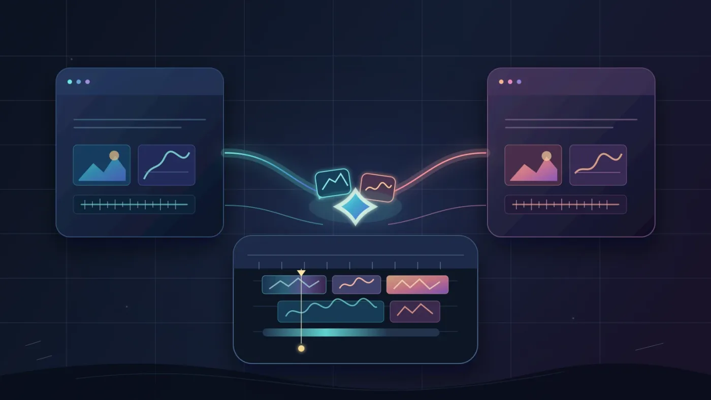 Illustration of Artlist and Storyblocks assets entering a DaVinci Resolve timeline