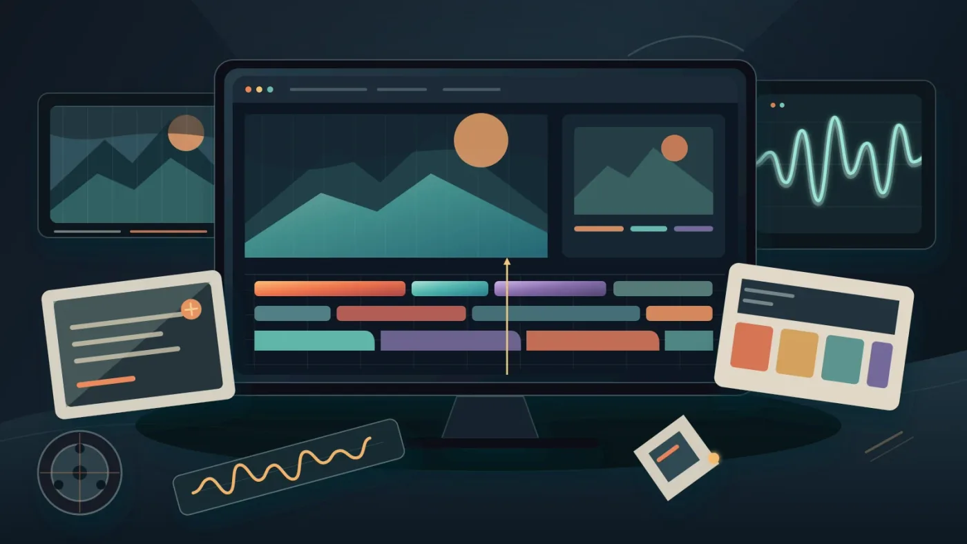 Illustration of a multi-asset DaVinci Resolve production using footage, music, templates, and color tools