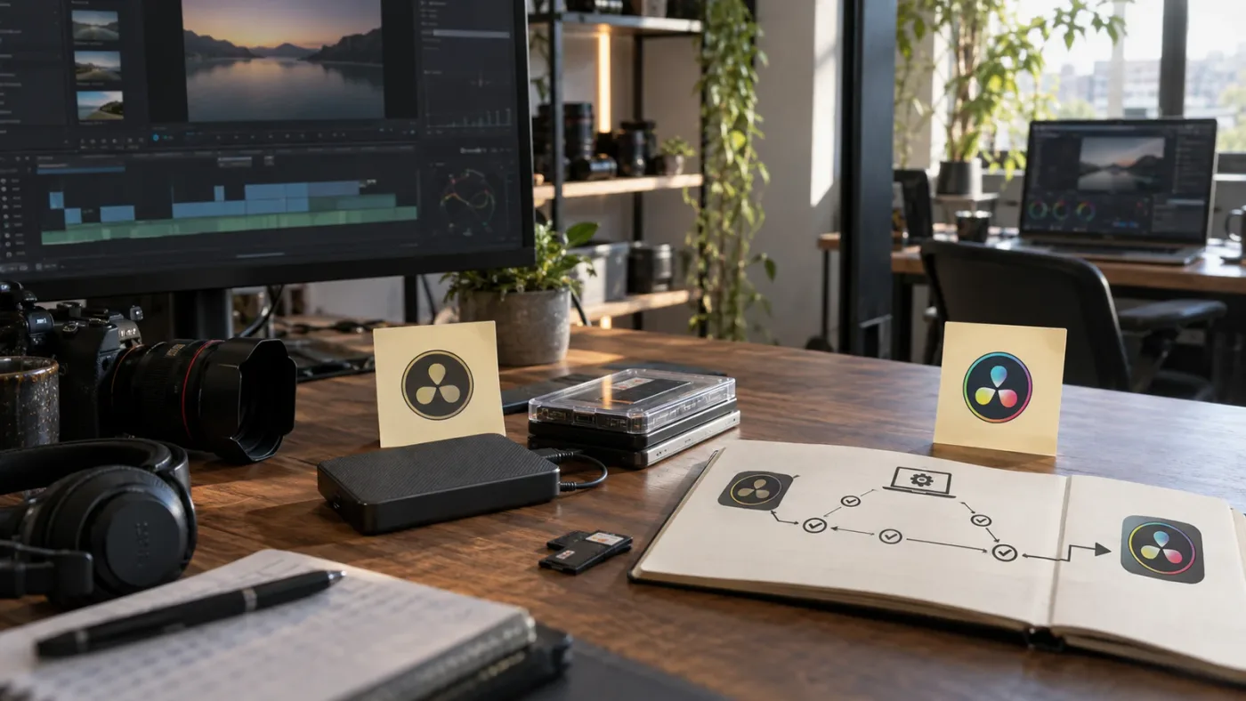 Illustration of testing a DaVinci Resolve project before moving from version 20 to 21