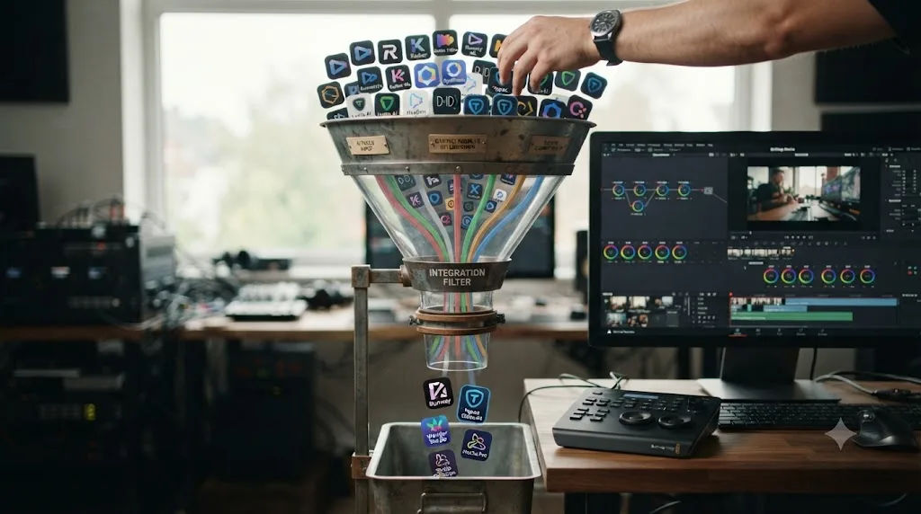 Illustration of a funnel diagram filtering AI video tools down to genuine DaVinci Resolve integrations