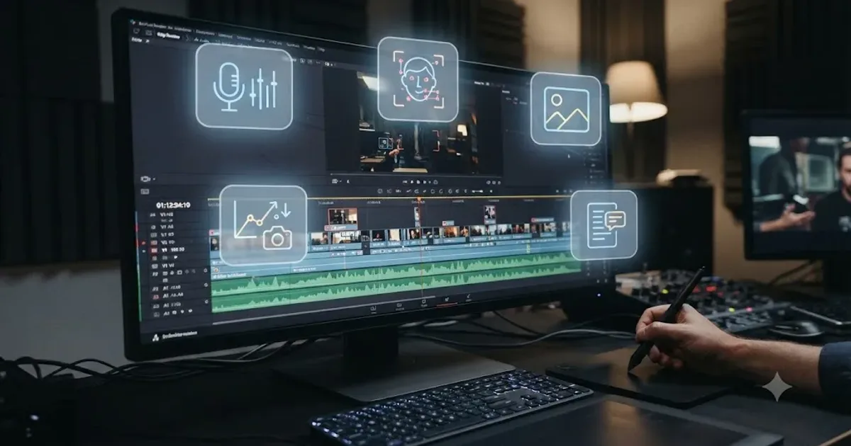 Illustration of several AI assistant icons arranged around a DaVinci Resolve timeline on a desktop screen