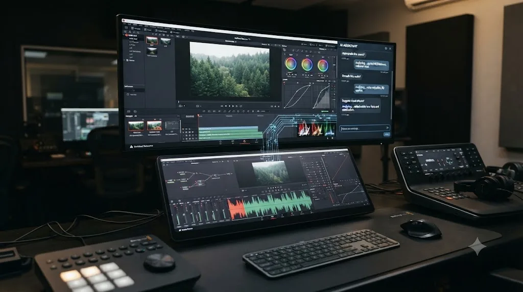 Illustration of DaVinci Resolve's Color, Fairlight, and Fusion pages connected to a single AI assistant chat panel