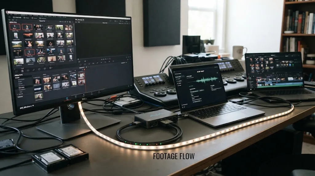 Illustration of a bridge diagram showing footage flowing between DaVinci Resolve's media pool and a separate AI editing app