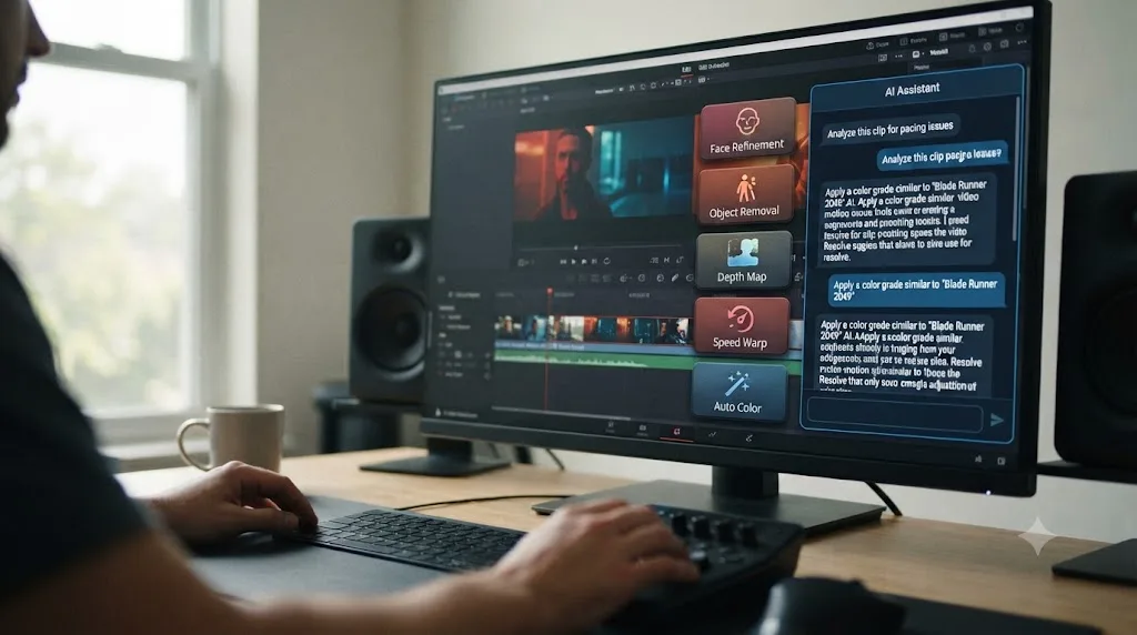 Illustration comparing DaVinci Resolve's built-in Neural Engine tool buttons with a chat-based AI assistant layered on top