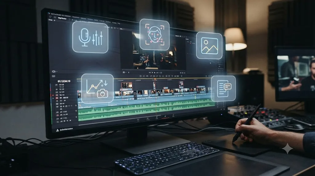 Illustration of a DaVinci Resolve timeline surrounded by AI assistant icons representing different editing tools