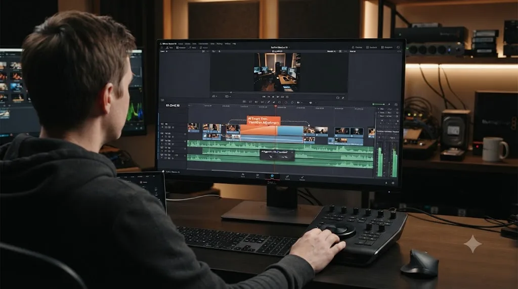 Illustration of a DaVinci Resolve timeline with a proposed AI edit awaiting user approval