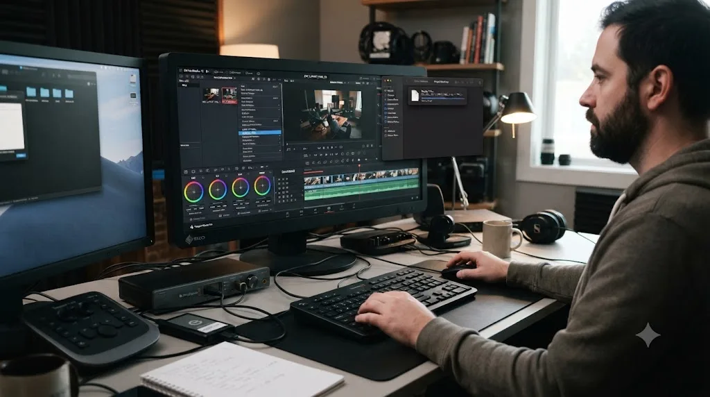 Illustration of a DaVinci Resolve project being duplicated as a safety backup before AI edits are applied