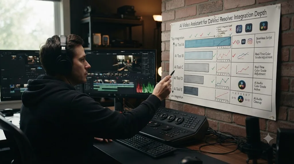 Illustration of a comparison chart ranking AI editing tools by DaVinci Resolve integration depth