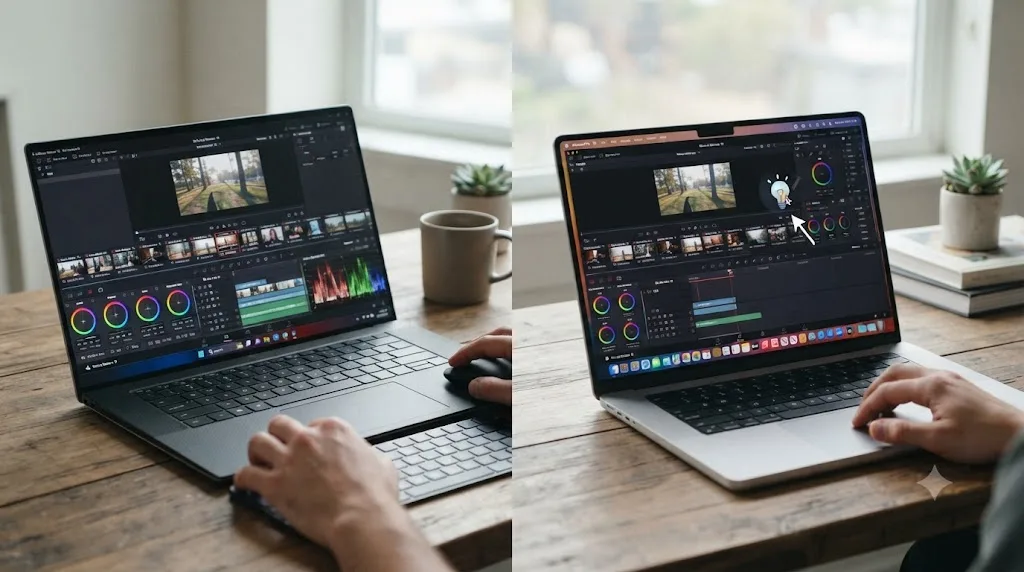 Illustration of a Windows laptop and a Mac side by side, one running DaVinci Resolve plainly and one with an on-screen assistant