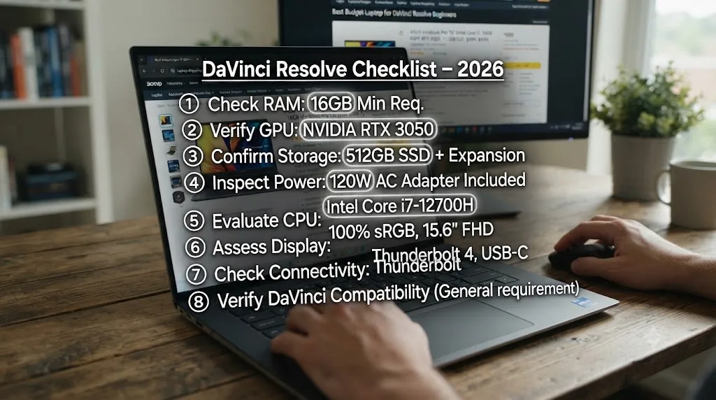Illustration of a numbered pre-purchase checklist overlaid on a laptop shopping listing for DaVinci Resolve