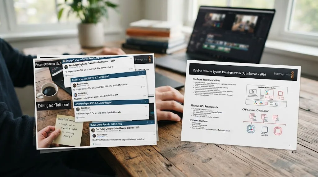 Illustration of a collage representing real community forum advice and official Blackmagic training resources