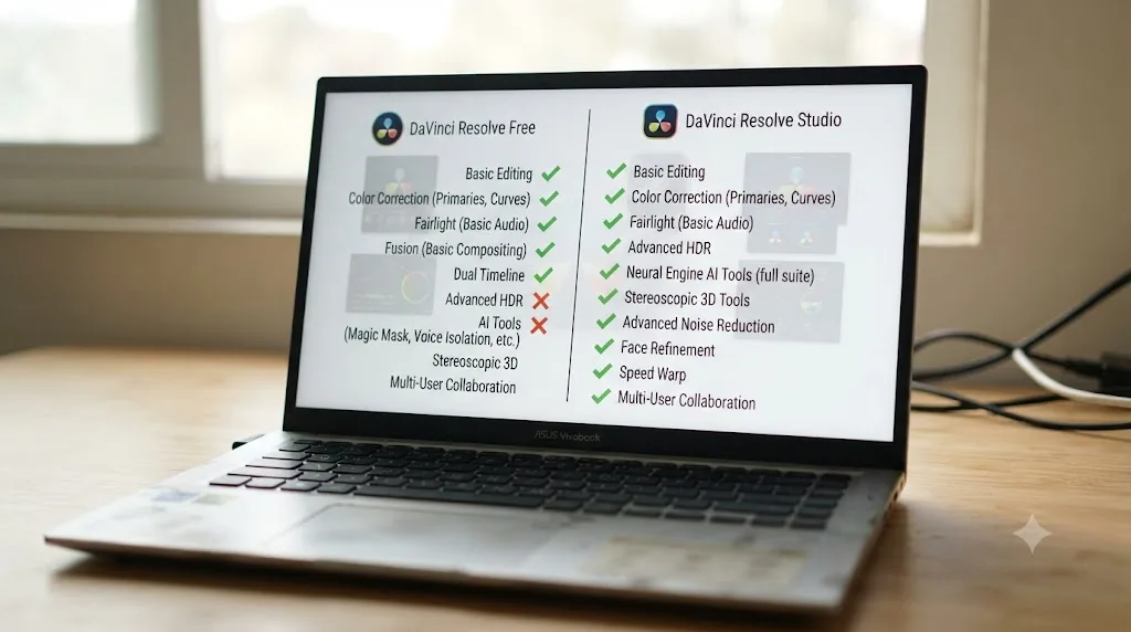 Illustration comparing DaVinci Resolve free and Studio features on a budget laptop screen