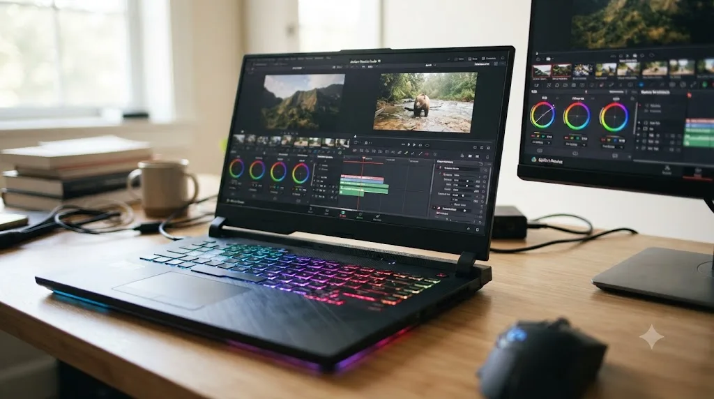 Illustration of a gaming laptop with RGB lighting running DaVinci Resolve instead of a video game