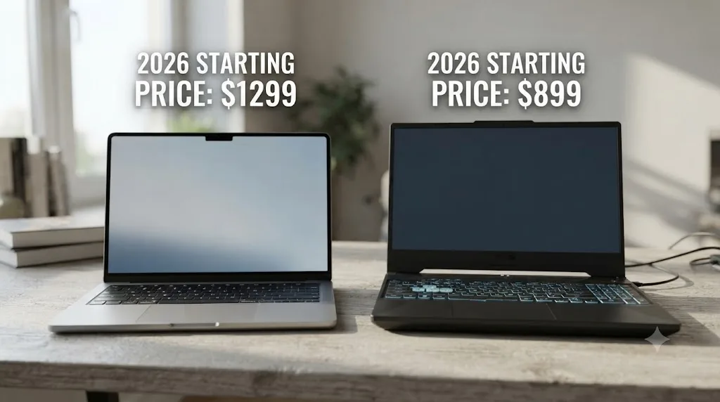 Illustration comparing a MacBook Air and a budget Windows gaming laptop with their 2026 starting prices